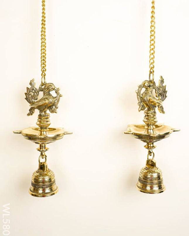 Brass Annapakshi Hanging - 5 Face Diya with Bell - Set of 2 - WL5808 - Brass Diya