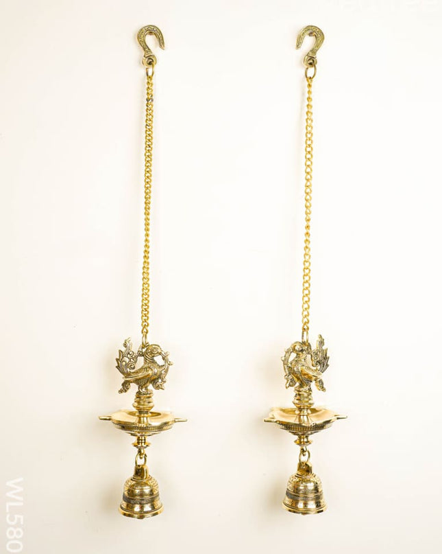 Brass Annapakshi Hanging - 5 Face Diya with Bell - Set of 2 - WL5808 - Brass Diya
