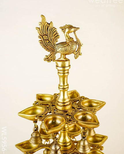 Brass Annapakshi Three Step Diya with Bells - 22 inch - WL5956-2 - Brass Diya