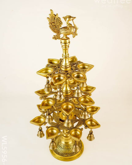Brass Annapakshi Three Step Diya with Bells - 22 inch - WL5956-2 - Brass Diya