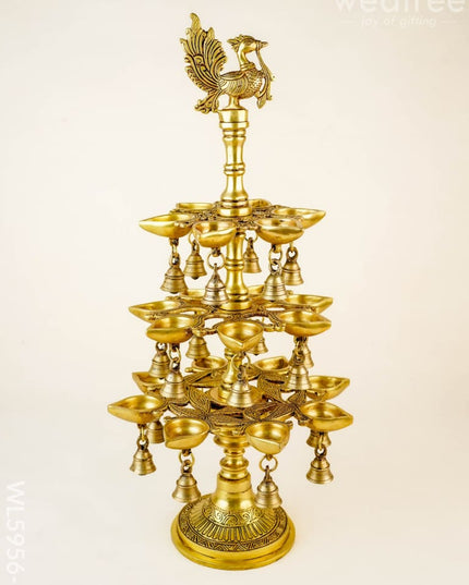 Brass Annapakshi Three Step Diya with Bells - 22 inch - WL5956-2 - Brass Diya