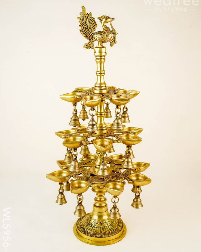 Brass Annapakshi Three Step Diya with Bells - 22 inch - WL5956-2 - Brass Diya