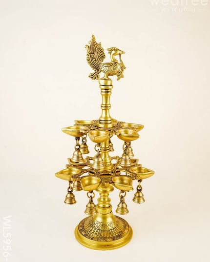 Brass Annapakshi Two Step Diya with Bells - 19 inch - WL5956-1 - Brass Diya