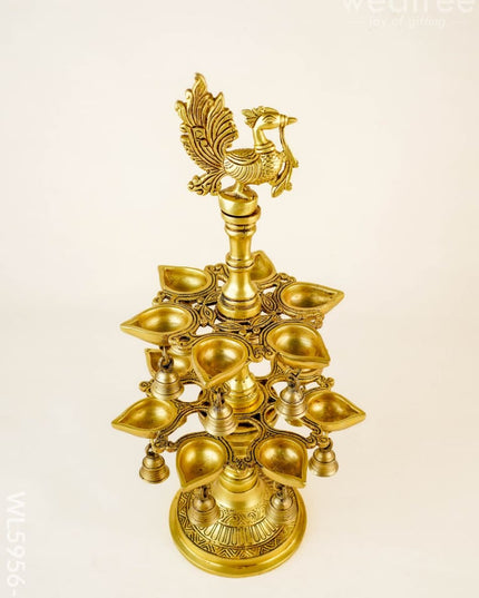 Brass Annapakshi Two Step Diya with Bells - 19 inch - WL5956-1 - Brass Diya