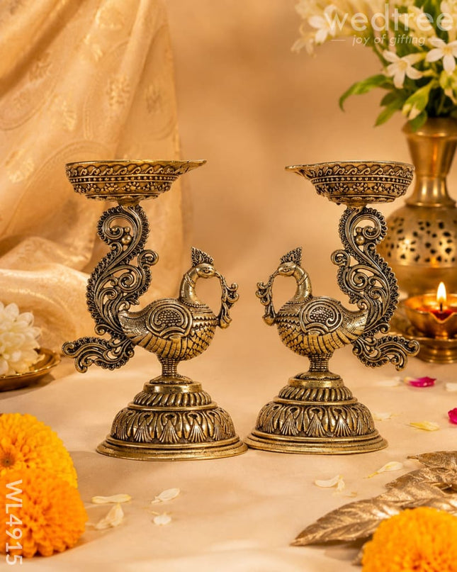 Brass Annapakshi with Diya - Set of 2 - WL4915 - Brass Diya