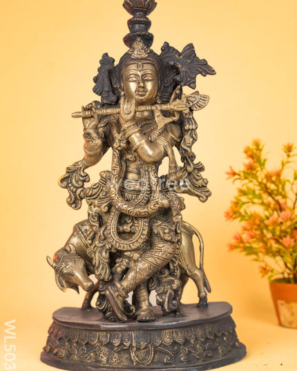 Brass Antique Cow with Krishna Idol - 18 inch - WL5033 Brass Antique