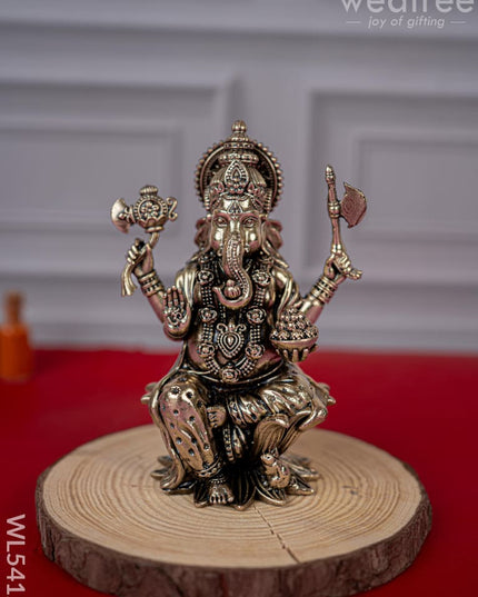 Brass Antique Ganesha Idol - 4 inch - WL5412 - Brass Antique