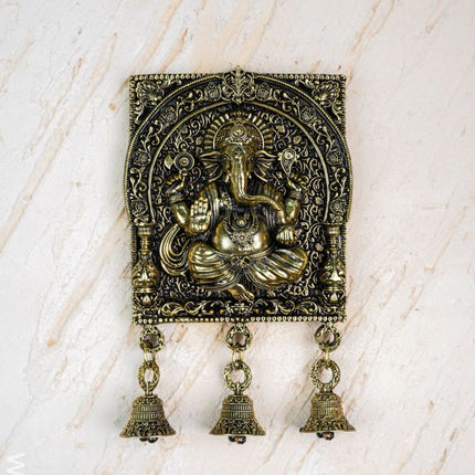 Brass Antique Ganesha Wall Hanging with Bell - 7 inch - WL5886 - Brass Wall Hanging