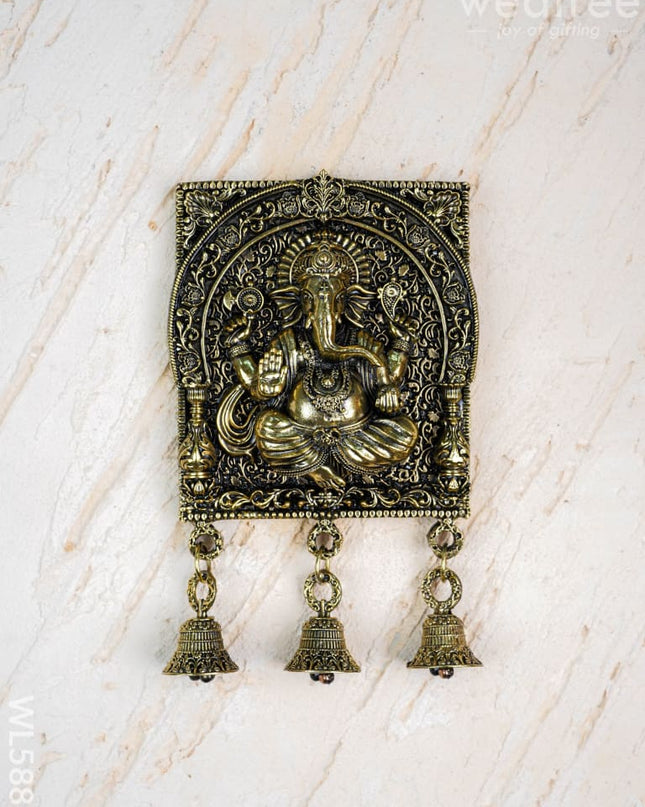 Brass Antique Ganesha Wall Hanging with Bell - 7 inch - WL5886 - Brass Wall Hanging