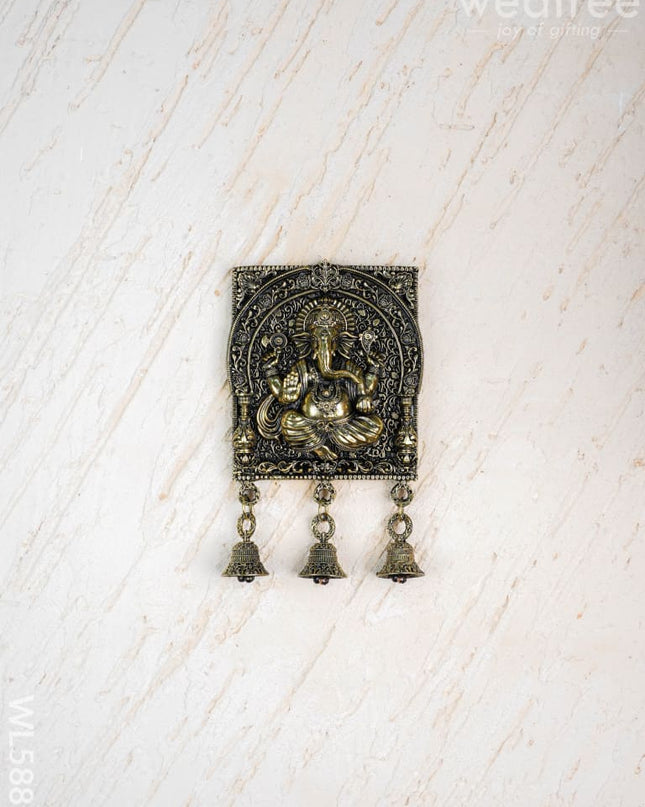 Brass Antique Ganesha Wall Hanging with Bell - 7 inch - WL5886 - Brass Wall Hanging