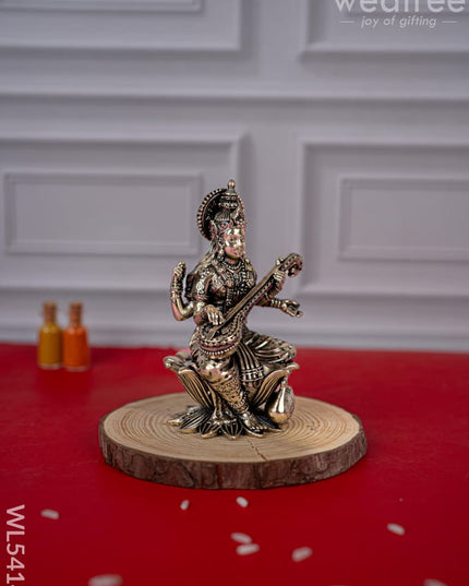 Brass Antique Saraswathi Idol - 4 inch - WL5414 - Brass Antique