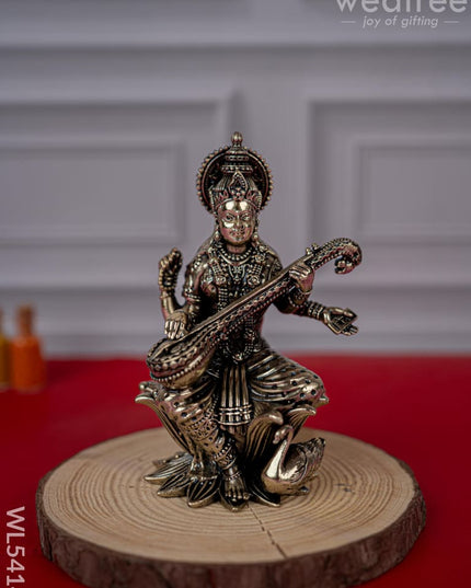 Brass Antique Saraswathi Idol - 4 inch - WL5414 - Brass Antique