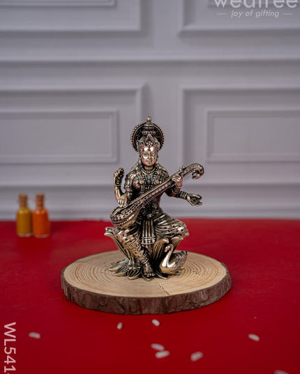 Brass Antique Saraswathi Idol - 4 inch - WL5414 - Brass Antique