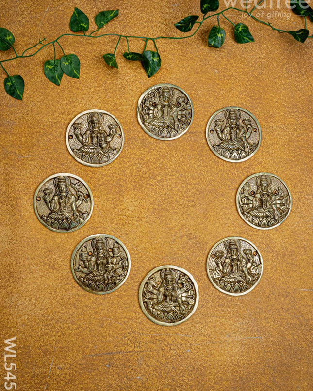 Brass Ashtalakshmi Plate Wall Hanging - Set of 8 - 3 inch - WL5458 - Brass Wall Hanging