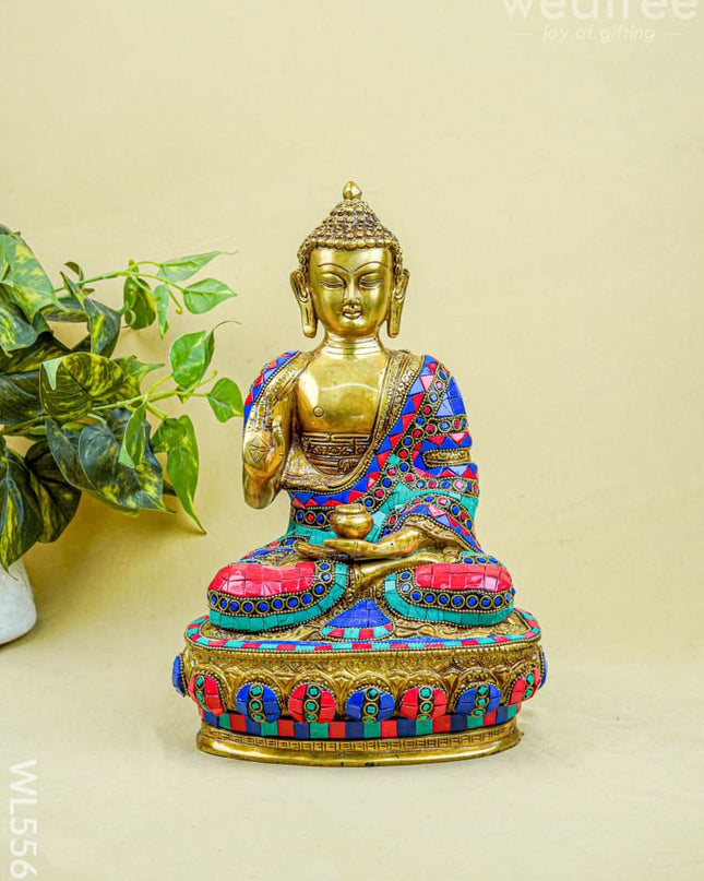 Brass Buddha Idol with Stone Work - 12 inch - WL5563 - Brass Figurines