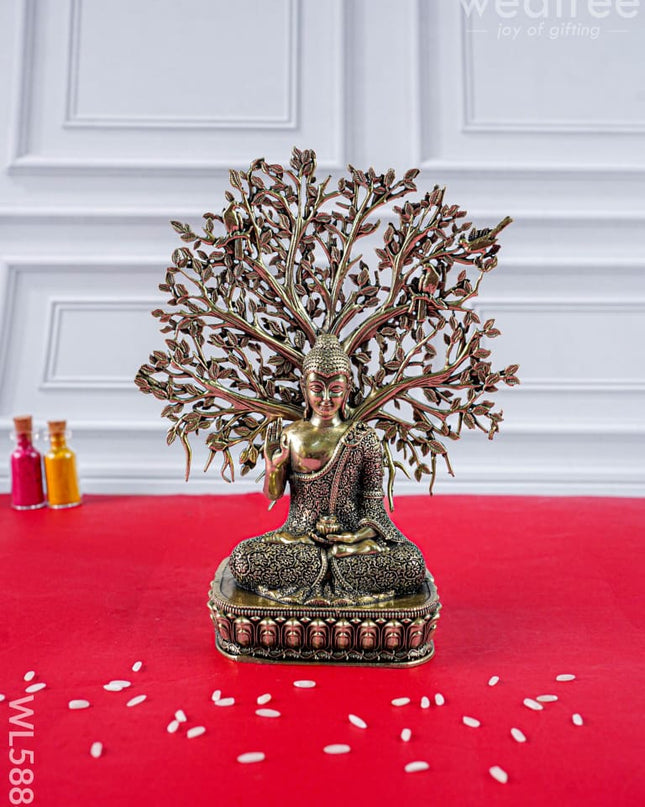 Brass Buddha with Kalpavriksha Tree Idol - 6 inch - WL5888 - Brass Antique