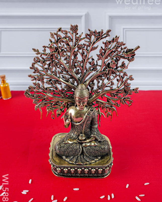 Brass Buddha with Kalpavriksha Tree Idol - 6 inch - WL5888 - Brass Antique