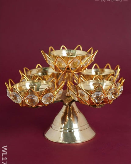 Brass Coated 5 Crystal Diya - WL1750 - Crystal gifts