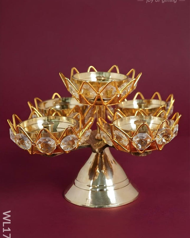 Brass Coated 5 Crystal Diya - WL1750 - Crystal gifts