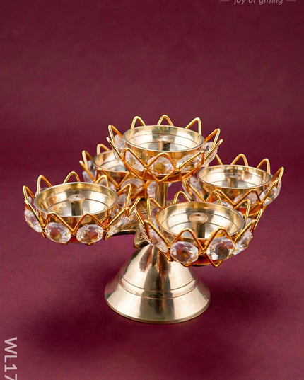 Brass Coated 5 Crystal Diya - WL1750 - Crystal gifts