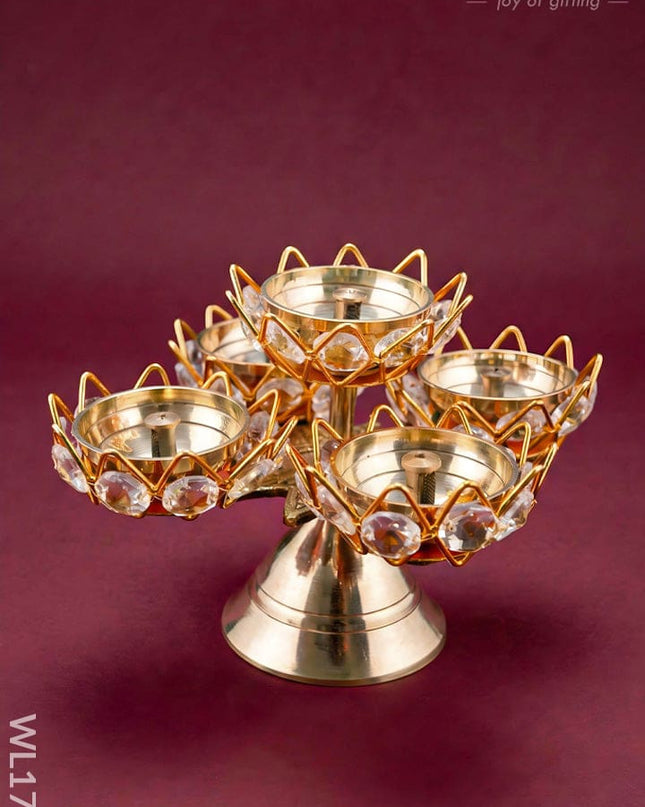 Brass Coated 5 Crystal Diya - WL1750 - Crystal gifts