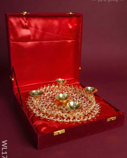 Brass Decorative Lotus Leaf Shaped Crystal Diya - WL1749 - Crystal gifts