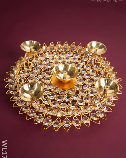 Brass Decorative Lotus Leaf Shaped Crystal Diya - WL1749 - Crystal gifts
