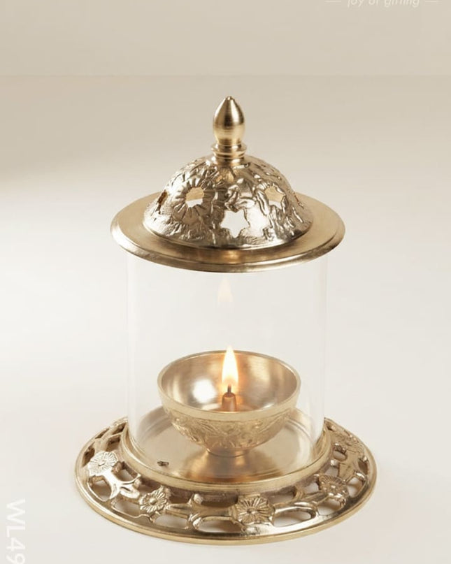 Brass Diya with Glass - 6 inch - WL4911 - Brass Diya