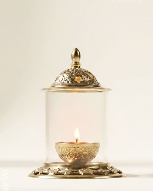 Brass Diya with Glass - 6 inch - WL4911 - Brass Diya