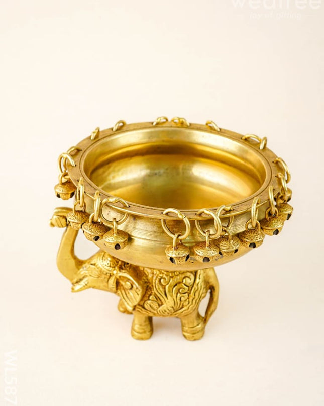 Brass Elephant Urli with Bells - 6 inch - WL5871 - Brass Urli