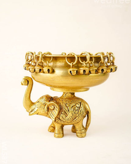 Brass Elephant Urli with Bells - 6 inch - WL5871 - Brass Urli
