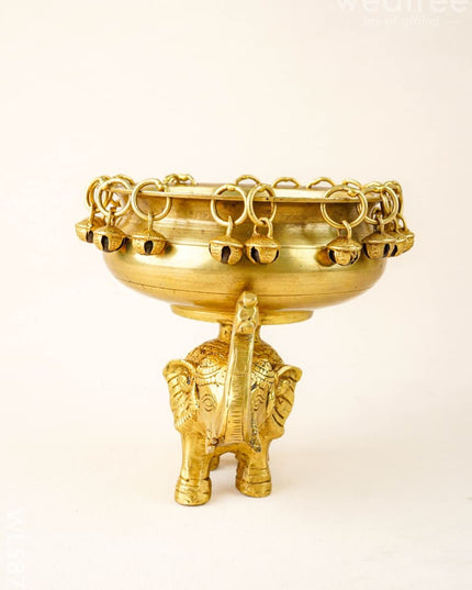Brass Elephant Urli with Bells - 6 inch - WL5871 - Brass Urli