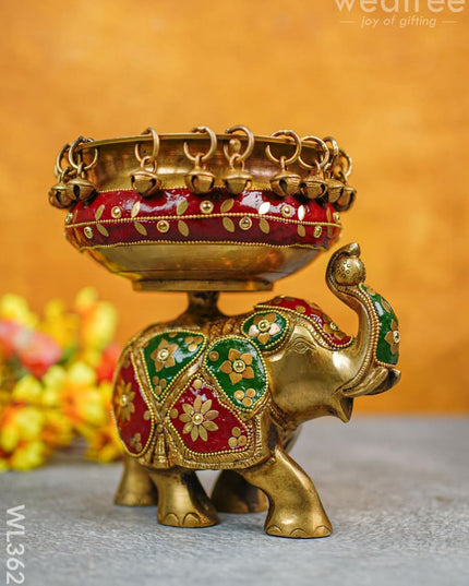 Brass Elephant Urli With Meenakari Finish - Wl3623