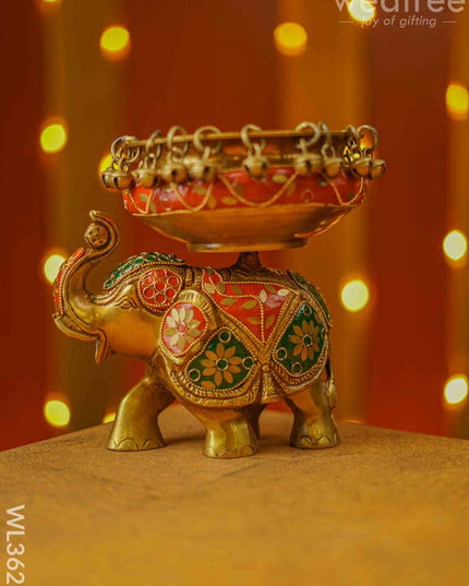 Brass Elephant Urli With Meenakari Finish - Wl3623
