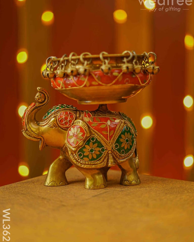 Brass Elephant Urli With Meenakari Finish - Wl3623