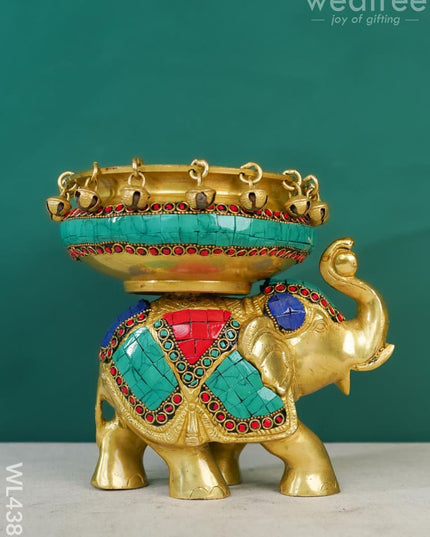 Brass Elephant Urli With Tile Work - Wl4382