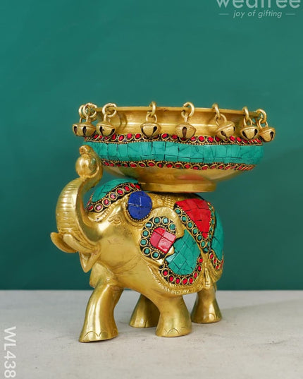 Brass Elephant Urli With Tile Work - Wl4382