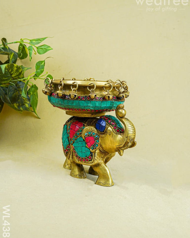 Brass Elephant Urli with Tile Work - WL4382 - Brass Urli