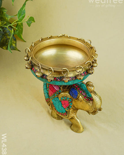 Brass Elephant Urli with Tile Work - WL4382 - Brass Urli