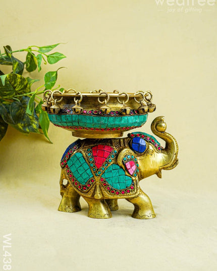 Brass Elephant Urli with Tile Work - WL4382 - Brass Urli