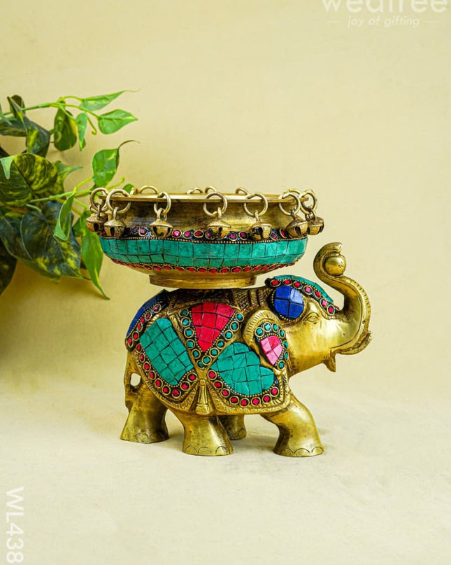 Brass Elephant Urli with Tile Work - WL4382 - Brass Urli