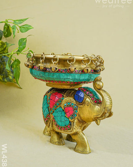 Brass Elephant Urli with Tile Work - WL4382 - Brass Urli