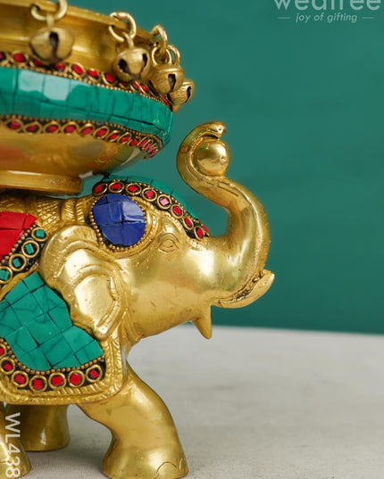 Brass Elephant Urli With Tile Work - Wl4382