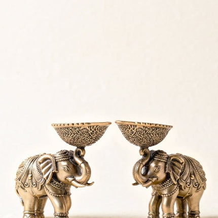 Brass Elephant with Diya - Set of 2 - WL4914 - Brass Diya