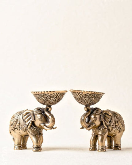 Brass Elephant with Diya - Set of 2 - WL4914 - Brass Diya