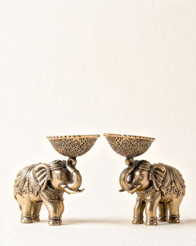 Brass Elephant with Diya - Set of 2 - WL4914 - Brass Diya