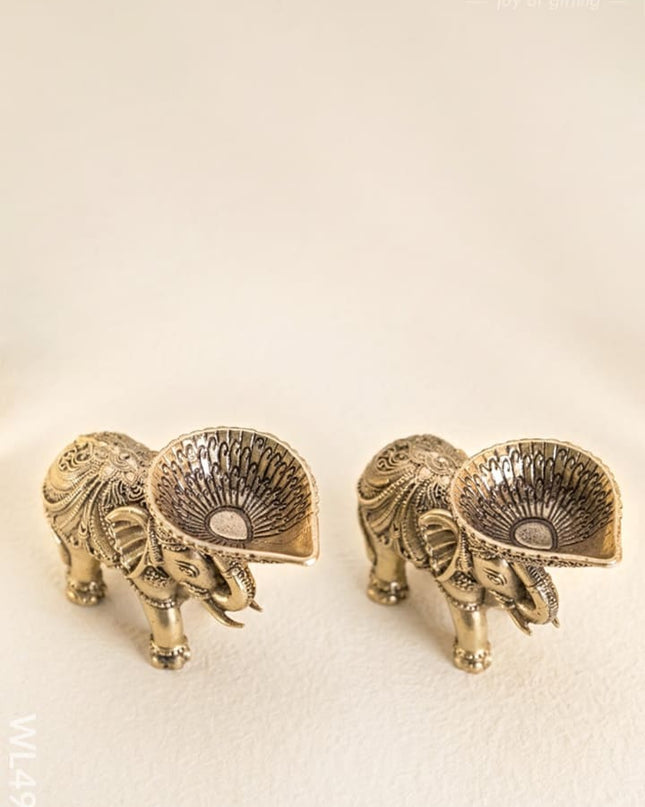 Brass Elephant with Diya - Set of 2 - WL4914 - Brass Diya