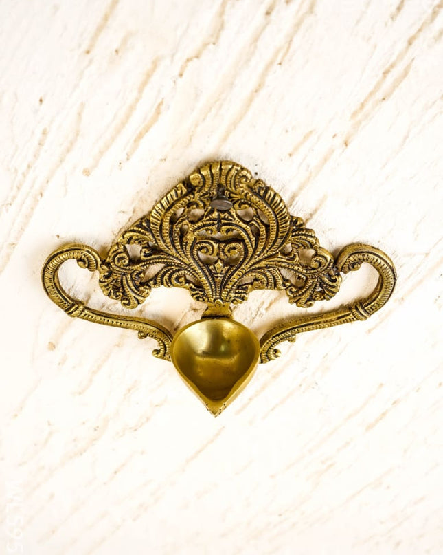 Brass Floral Wall Hanging with Diya - 6 inch - WL5957 - Brass Diya