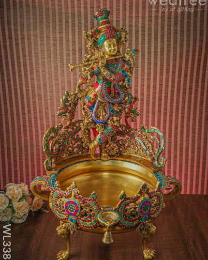 Brass Flute Krishna Urli With Diya And Bell - Wl3384