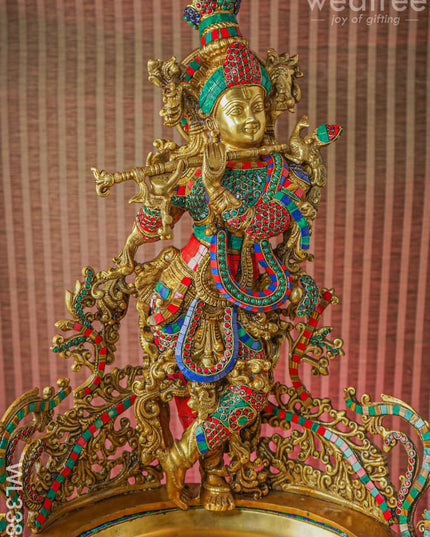 Brass Flute Krishna Urli With Diya And Bell - Wl3384